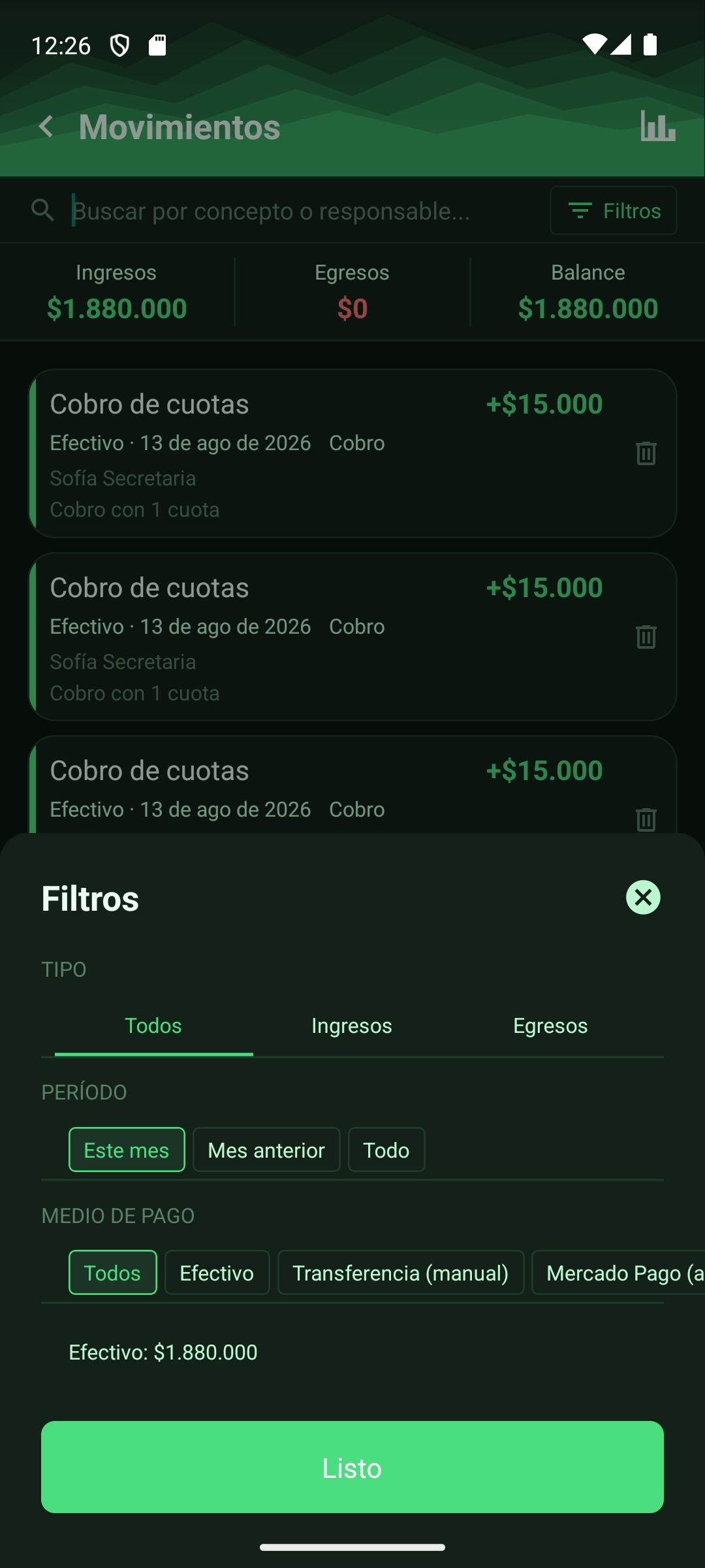 Panel de filtros