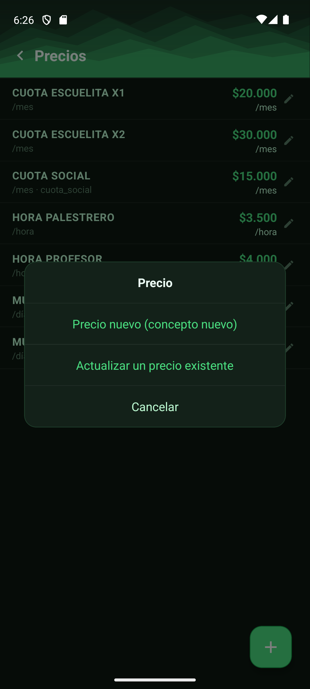 Elegir entre precio nuevo o actualizar uno existente