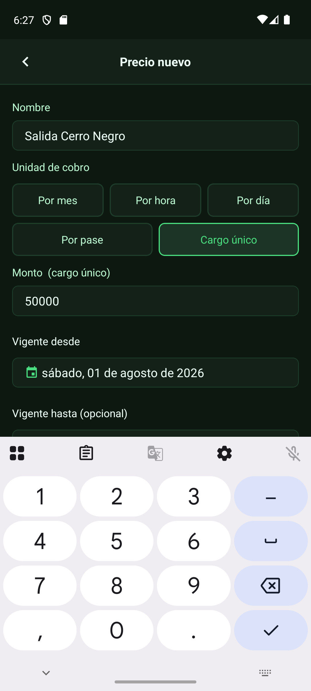 Formulario de precio nuevo