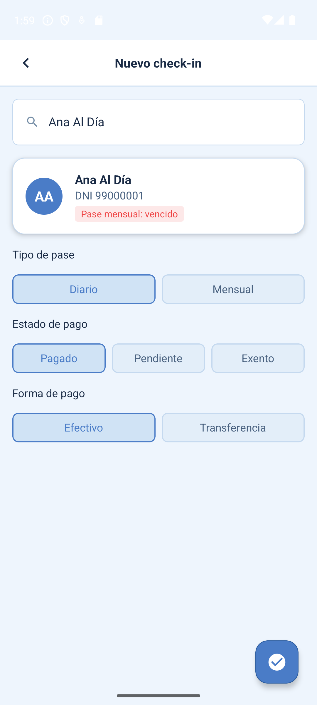 Cargar el check-in
